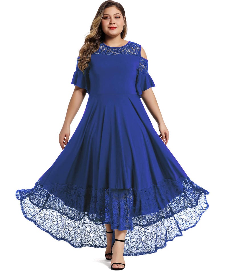 LALAGEN Womens Plus Size Casual Lace Cold Shoulder Long Plain Evening Party Maxi Dress Blue 3X - Image 1